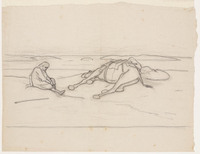 KT 1671
<br/>
Woestijnlandschap met zittende oosterse ruiter en liggende dromedaris
<br/>
<em>Famars Testas, Willem de (1834-1896)</em>